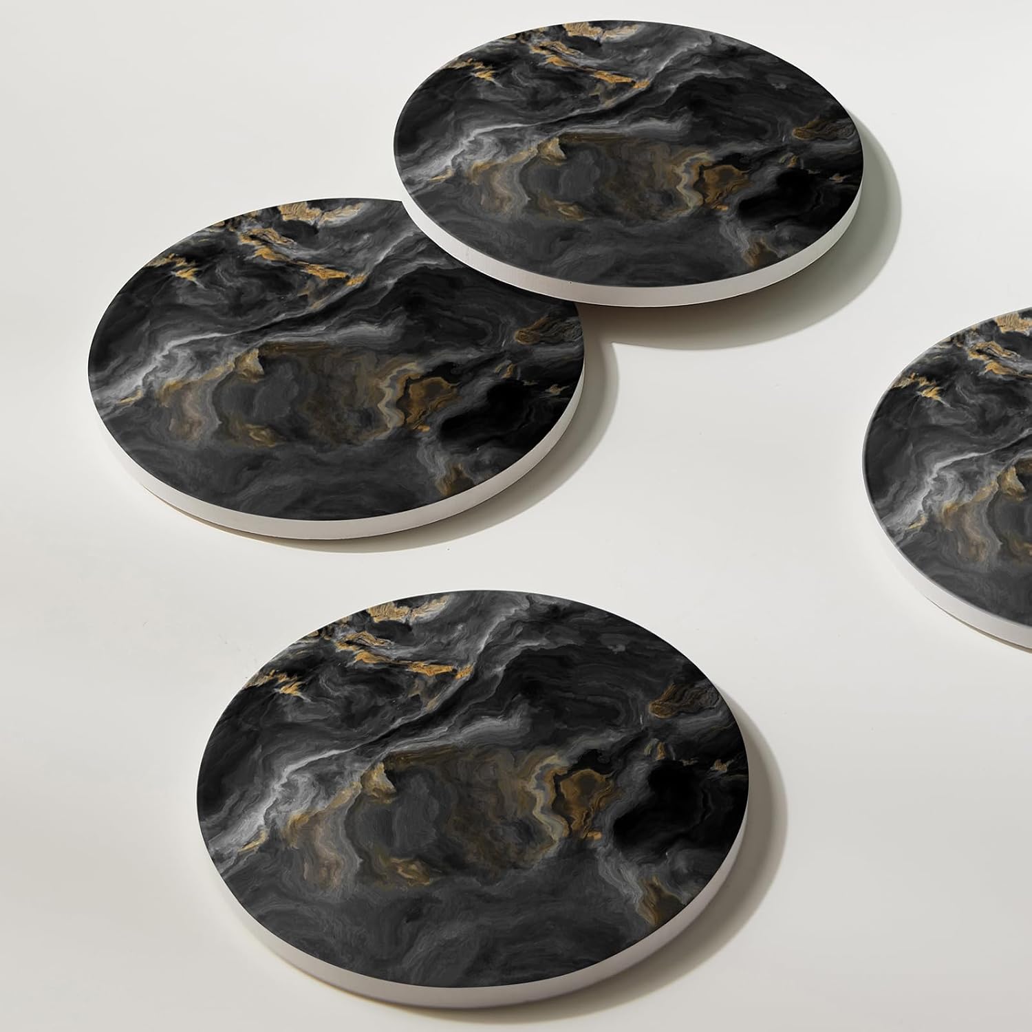 Set of 6 Abstract Black Marble Coasters with Holder, Absorbent Ceramic Coasters for Drinks, Coasters with Cork Backing for Table Protection, Housewarming Gifts for New Home