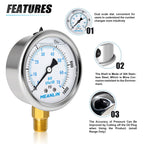 MEANLIN MEASURE 0~1000Psi Stainless Steel 1/4" NPT 2.5" FACE DIAL Liquid Filled Pressure Gauge WOG Water Oil Air Lower Mount, with 1/4" x 1/2" NPT and 1/4" x 3/8" NPT Hex Bushing