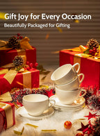 Sweese 6 Ounce Cappuccino Cups with Saucers, Porcelain Double Espresso Cups Set of 6 - White