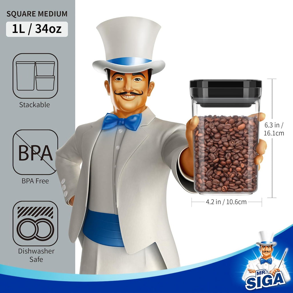 MR.SIGA 4 Pack Airtight Food Storage Container Set, BPA Free Kitchen Pantry Organization Canisters, One-handed Airtight Cereal Snack Candy Storage Containers, 1 L / 34oz, Medium, Black