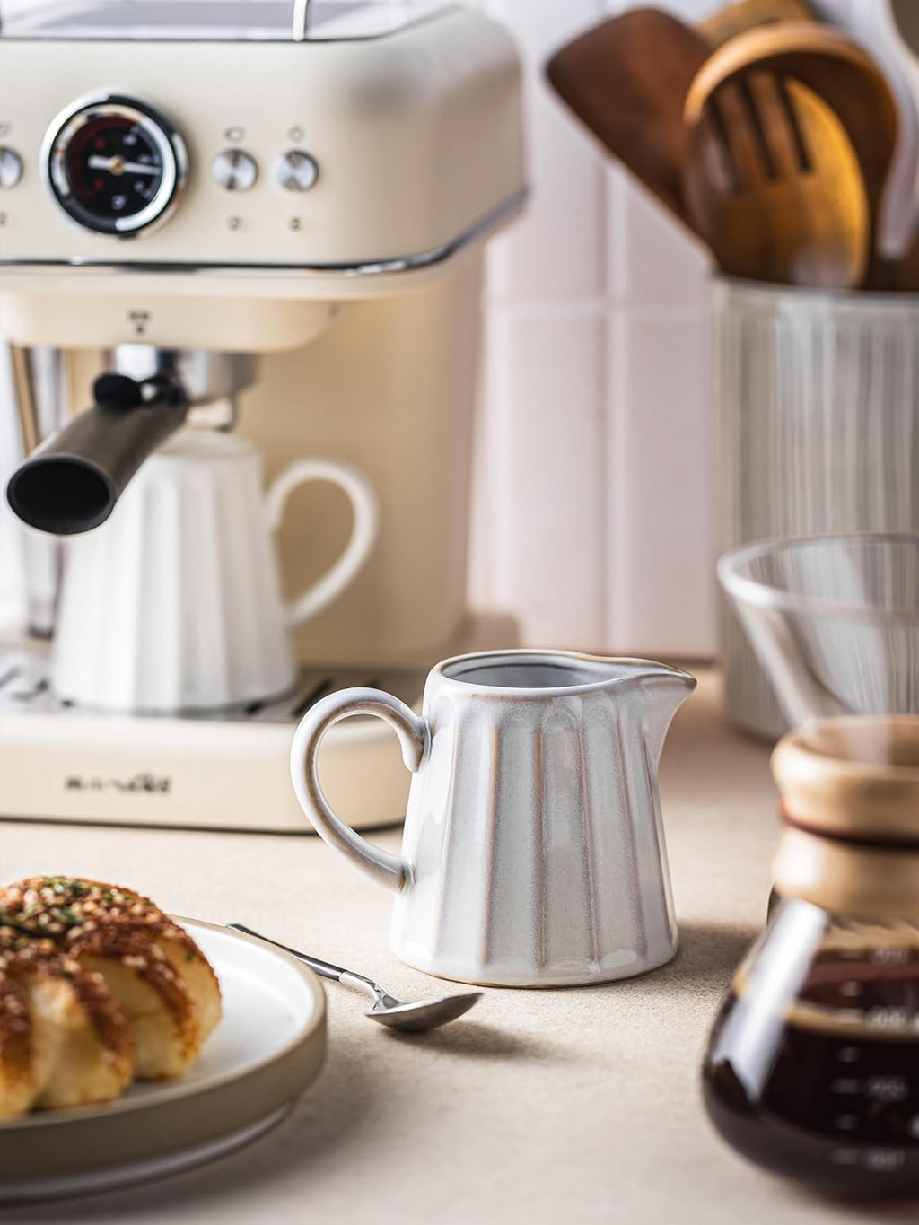 Ceramic Creamer Pitcher,Creamer Container with Handle, Small Milk Pitcher Cup for Coffee, Sauces, Salad, 10 OZ, Cream White