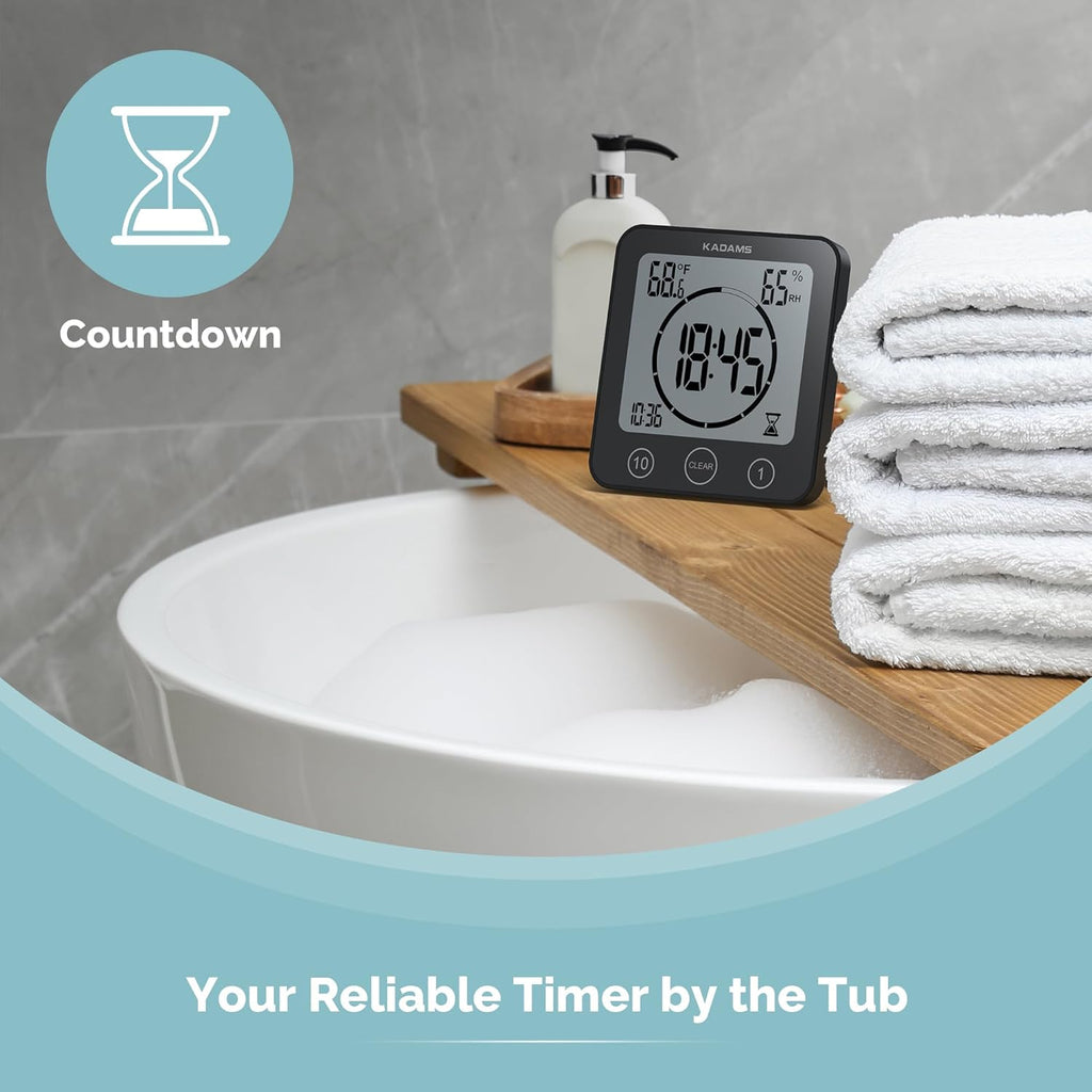 KADAMS Shower Clock Waterproof Bathroom Timer – Digital Wall Clock with Countdown, Magnetic Kitchen Clock with Temperature & Humidity, Suction Cup for Kids Shower Spa Sauna Cook Bath (Black)