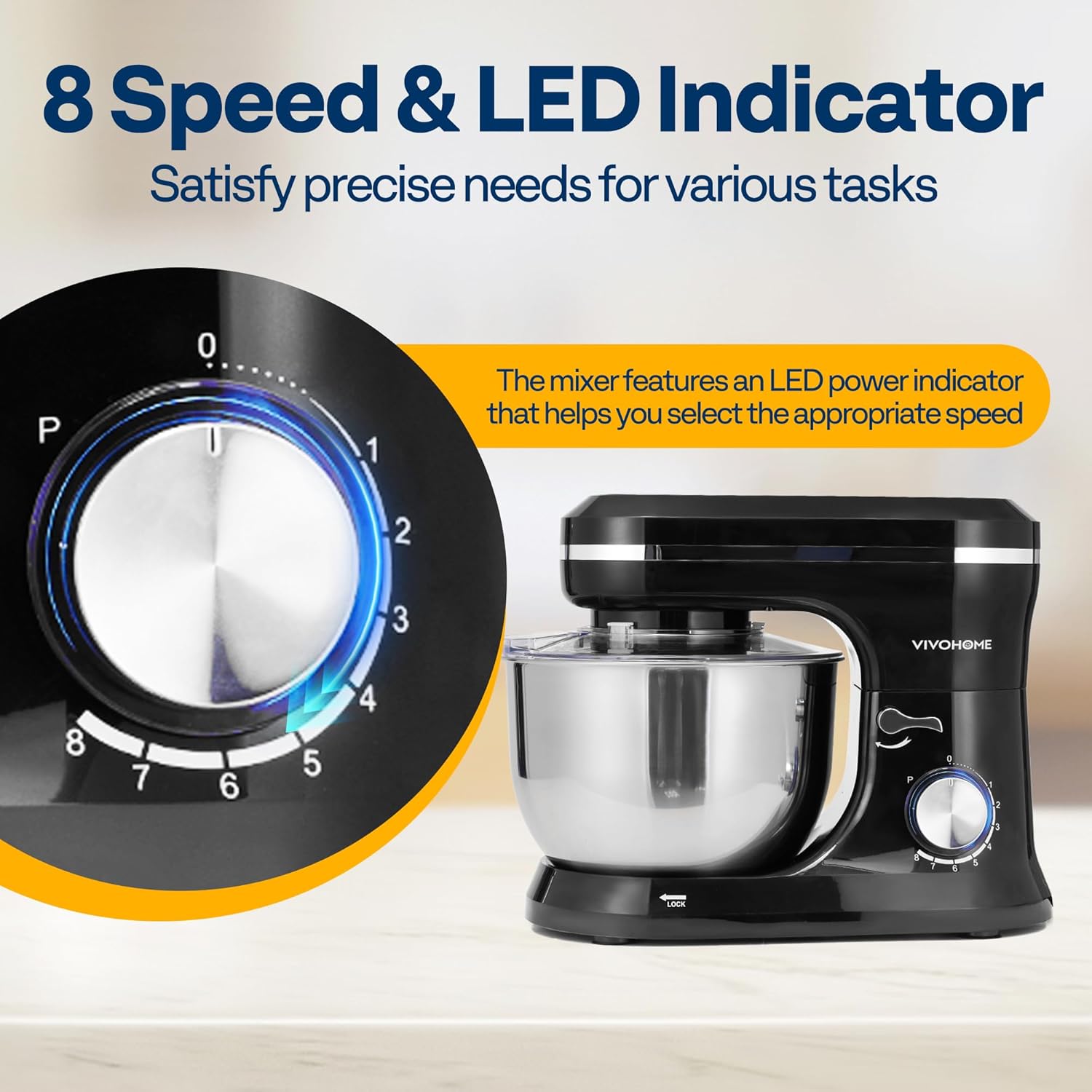 VIVOHOME 4.75 Quart Stand Mixer, 8 Speed Kitchen Electric Food Mixer, Household Stand Mixer for Baking, Cake, Bread with Beater, Dough Hook, Wire Whip and Egg Separator, Black