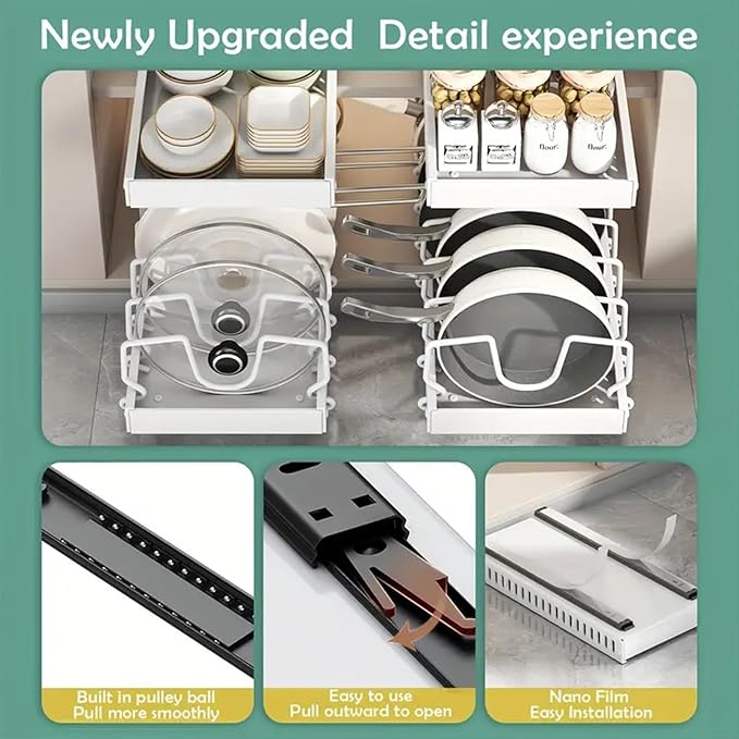 AmoiChic Pull Out Cabinet Organizer for Pots and Pans, Black Storage Rack with 8 Adjustable Dividers, Kitchen Countertop Lid Holder for Pot Lid, Bakeware, Dishes Storage, 2 Pack