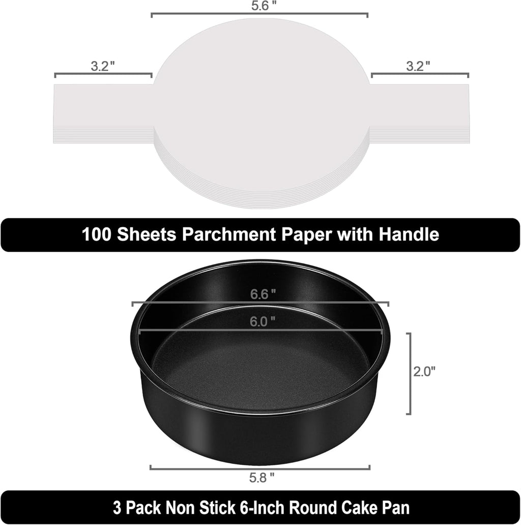 6 Inch Cake Pans Set of 3, Smash Cake Pans with 100PCS Parchment Paper for Layer Cakes, No-Stick Round Cake Pan Sets for Baking, Durable Baking Pan Set for Christmas Birthday, Dishwasher Safe