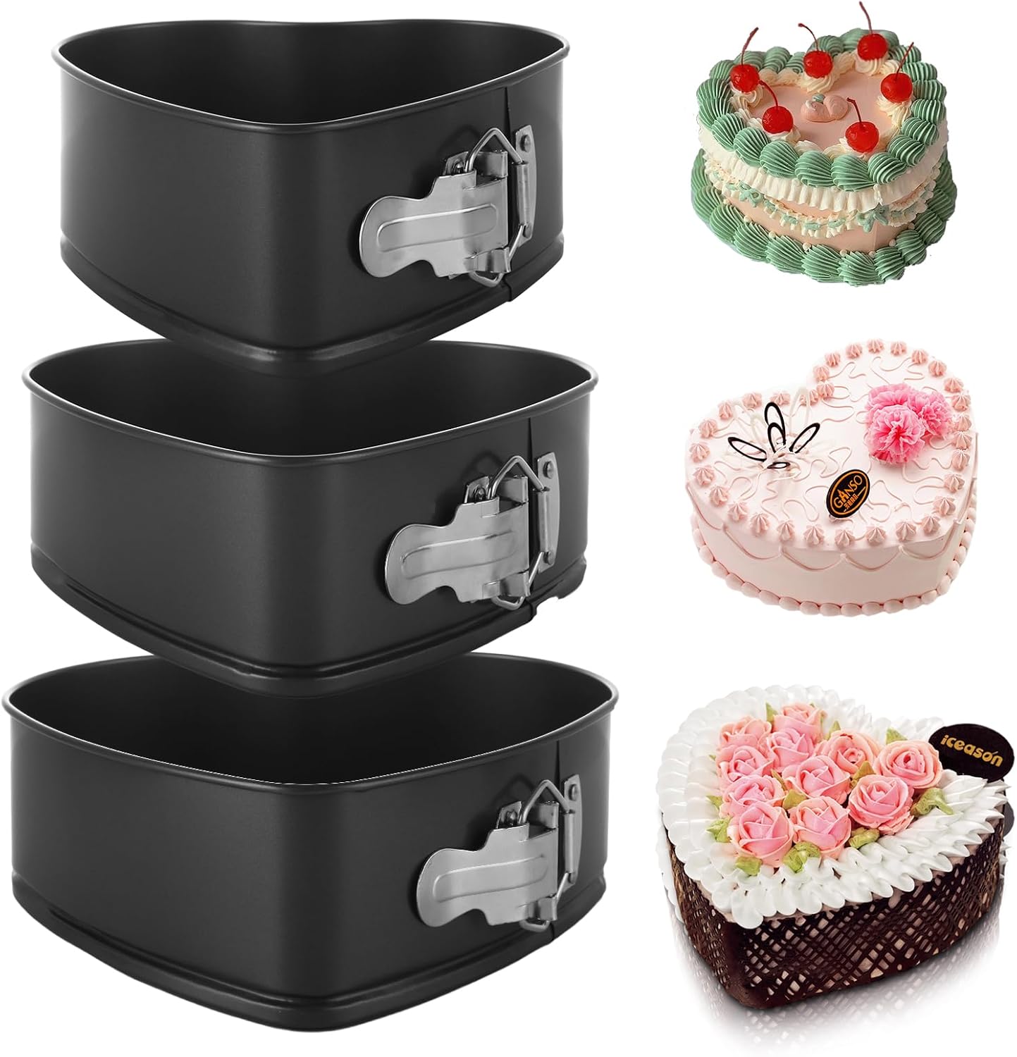 Springform Pan Set of 3 Heart Cake Pan, Heart Springform Pan with Removable Bottom, Springform Cake Pans Non-stick Bakeware for Cheesecakes, Pizza, and Quiches (7, 7.8, 8.6 inch)