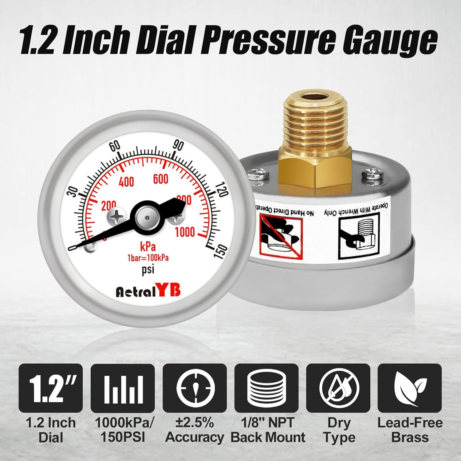 150Psi/1000Kpa Mini Pressure Gauge,Stainless Steel Housing,Brass Internal,1.2 Inch Dial,NPT 1/8" Back Mount,Dry Type, Lead-Free Material,for Air,Water,Oil Pressure Test