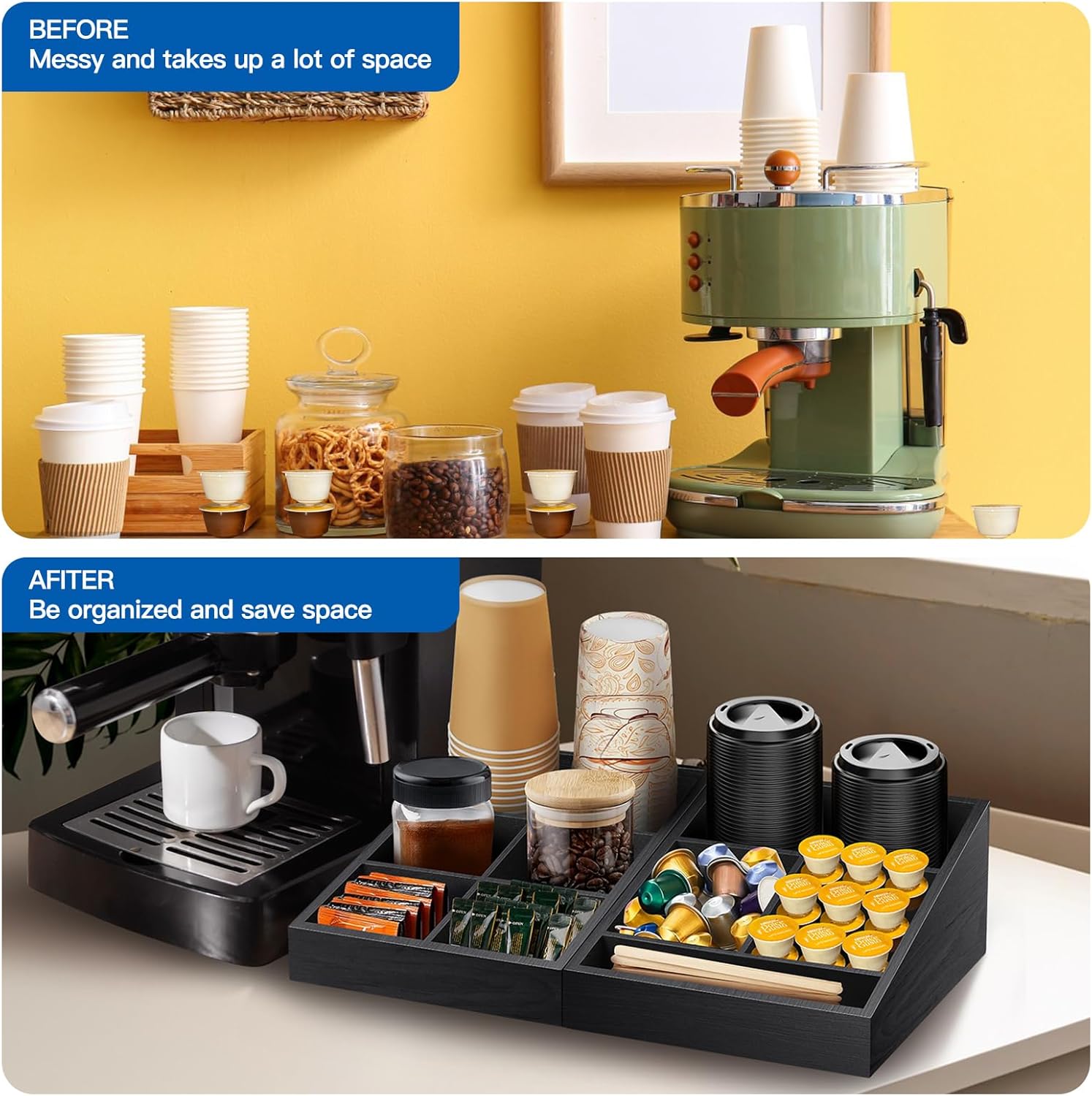 Coffee Station Organizer Coffee Condiment Service Tray with 9 Compartment for Counter, Wood Coffee Bar Supplies Organizer for Home Office Breakroom Two-in-One Black