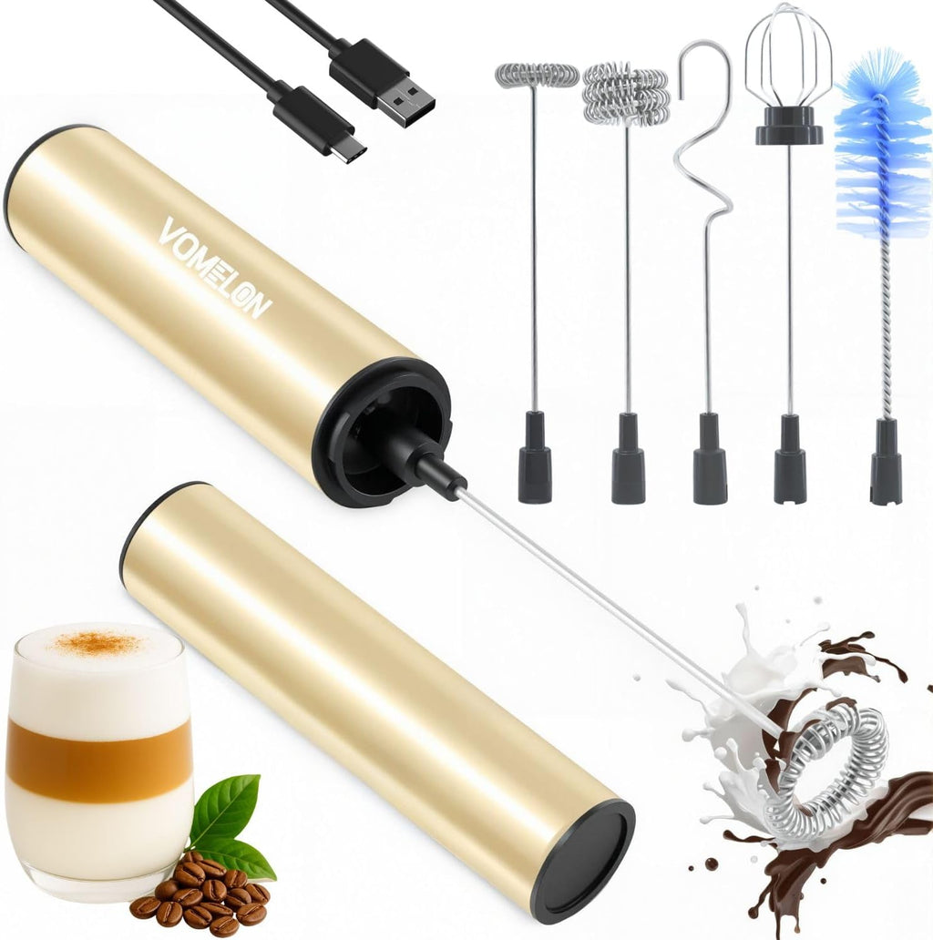 Rechargeable Milk Frother Handheld Electric Frother Wand Milk Foamer Drink Mixer for Coffee, Lattes, Cappuccino, and Egg, Stainless Steel for Travel-Beige
