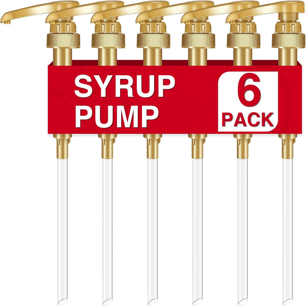 VOISEN Coffee Syrup Pumps, 6 Pack Gold Syrup Pump, Skinny Syrup Pump for 750ml 25.4oz Syrup Bottle, Syrup Pump Dispenser for Kitchen Dinning Coffee Bar Drinking Mixes,Davinci,Jordans