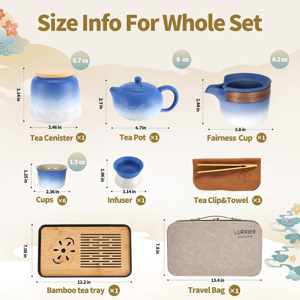 LURRIER Gongfu tea sets, Portable Ceramic TeaSet, Asian Tea sets for adult, Tea Gift sets, Grey leather case, Portable Travel Bag,Home,Gifting,Outdoor and Office(XBlue and White)