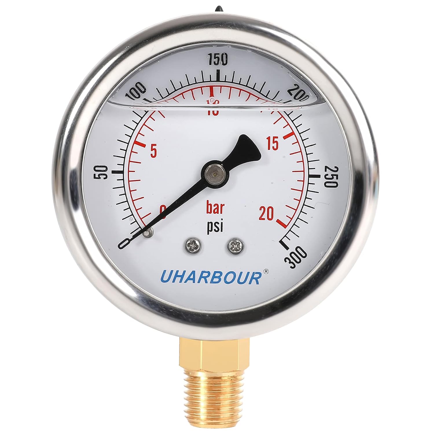 Glycerin Filled Pressure Gauge 300psi/20bar, Stainless Steel case, Brass Inside Construction, 2-1/2" dial, 1/4" NPT Rear Connection.