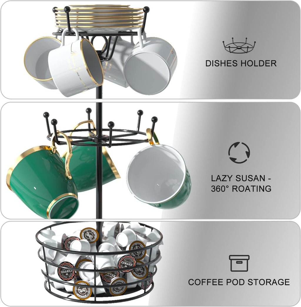 Visentor Rotatable Metal Coffee Mug Rack - 3 Tier Holder with 10 Hooks, Cup Pods & Saucer Basket for Bar Kitchen Counter - Black