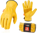 Vgo 3-Pairs Unlined Cow Grain Leather Work and Driver Gloves with Cow Split Leather Palm Patch (Size XL, Gold,CA9590)