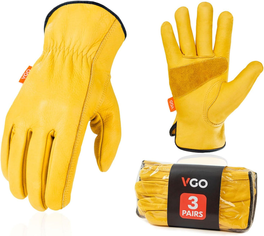 Vgo 3-Pairs Unlined Cow Grain Leather Work and Driver Gloves with Cow Split Leather Palm Patch (Size L, Gold,CA9590)