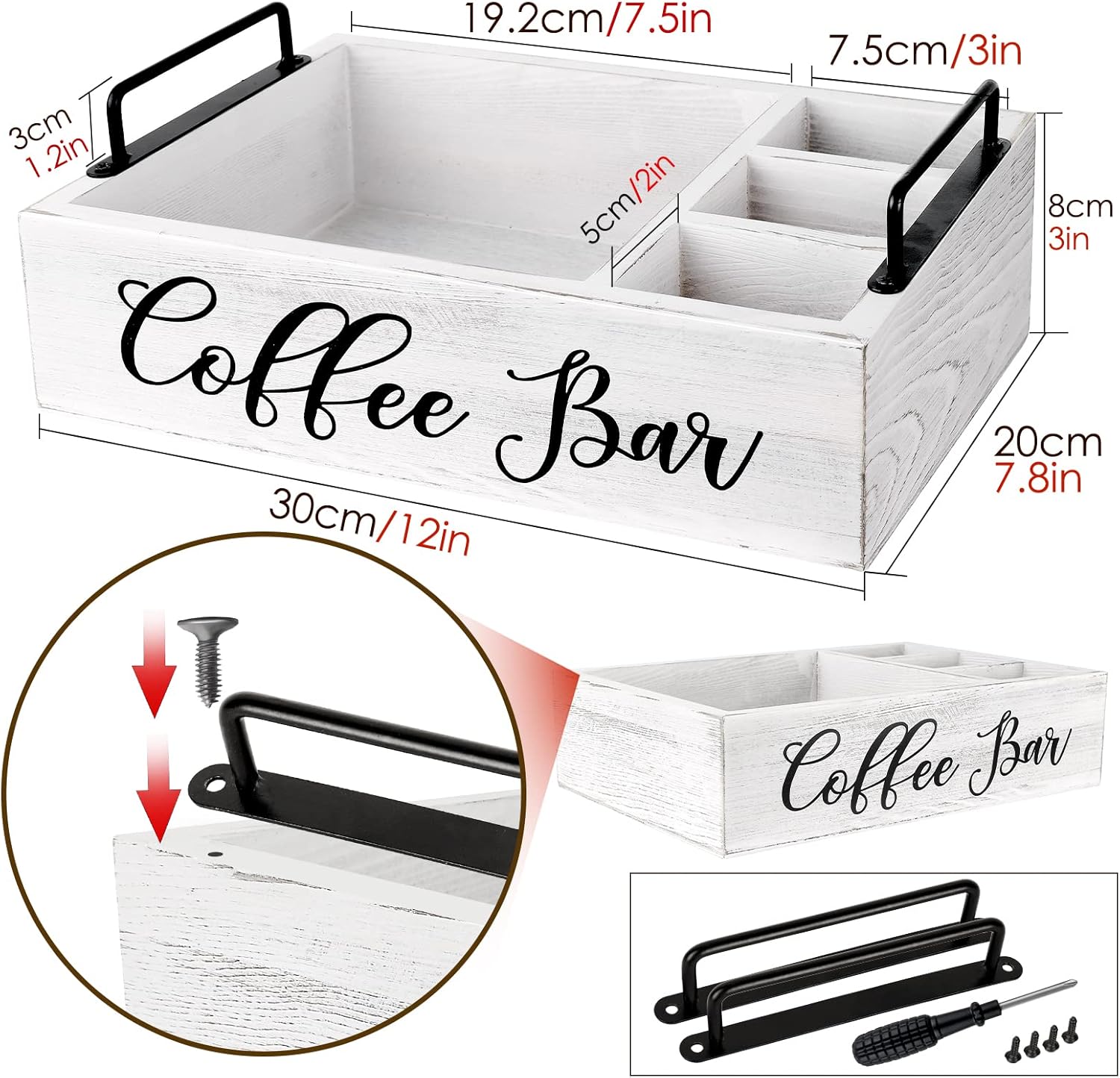 Coffee Station Organizer Wooden Coffee Bar Holder Accessories for Countertop, Farmhouse Kcup Pod Storage Basket with Handle - White