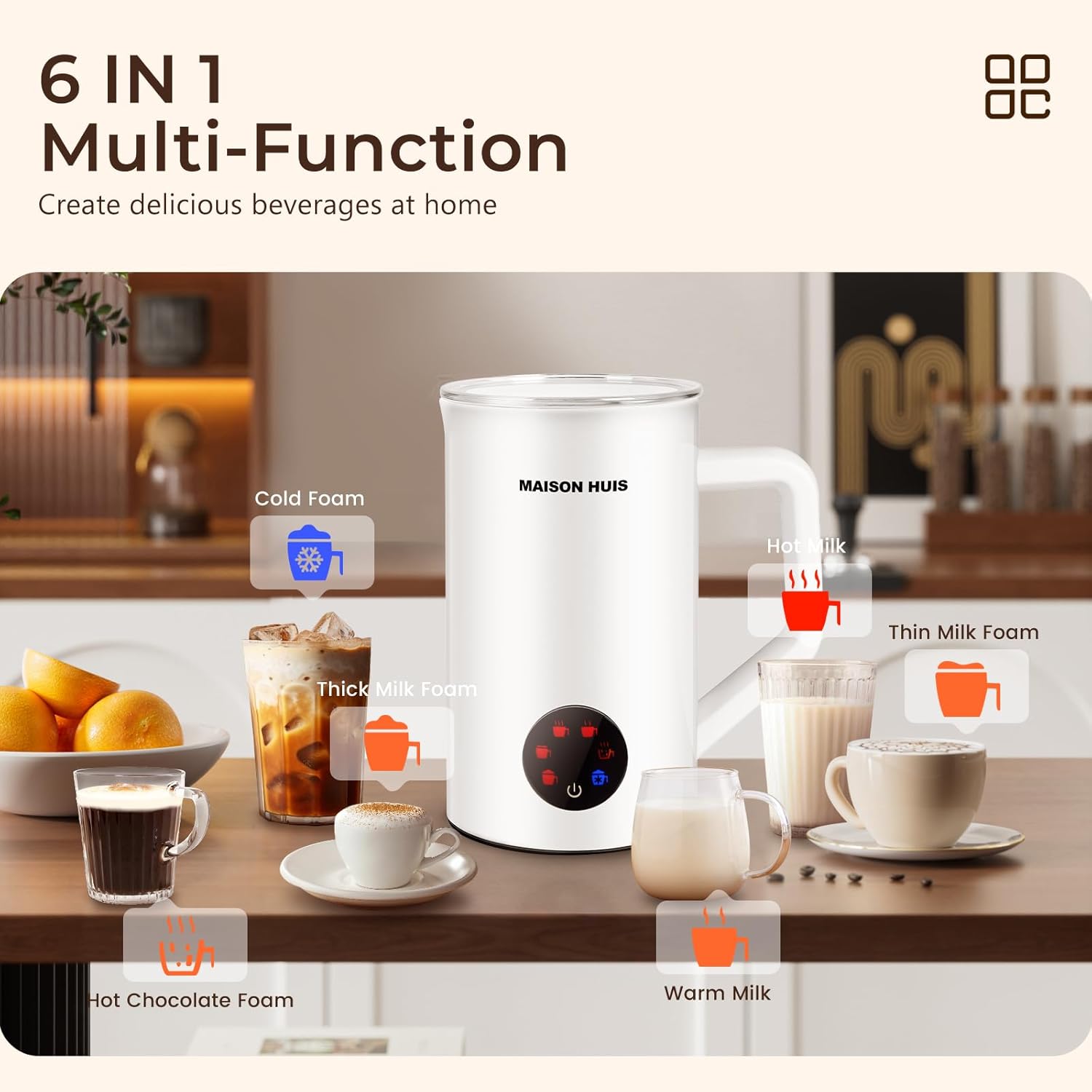 MAISON HUIS 6-IN-1 Milk Frother 550Watts, 20 oz Electric Stainless Steel, Hot and Cold Milk Frother for Latte, Macchiato, Cappuccino and Hot Chocolate, White