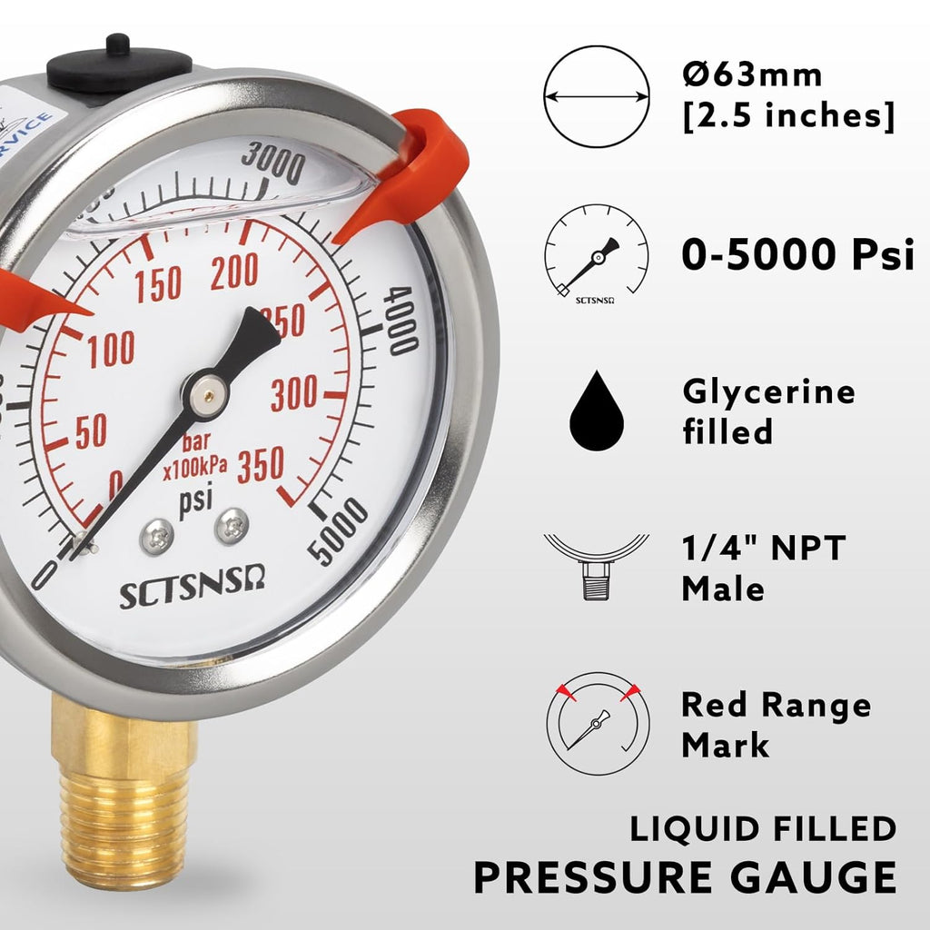0 to 5000 Psi Hydraulic Pressure Gauge, Glycerin Liquid Filled, 2.5 inch Dial, 1/4" NPT Lower Mount, Stainless Steel Case, for Regulator, HVAC System, Beer Keg, Brew Setup，High Pressure Test