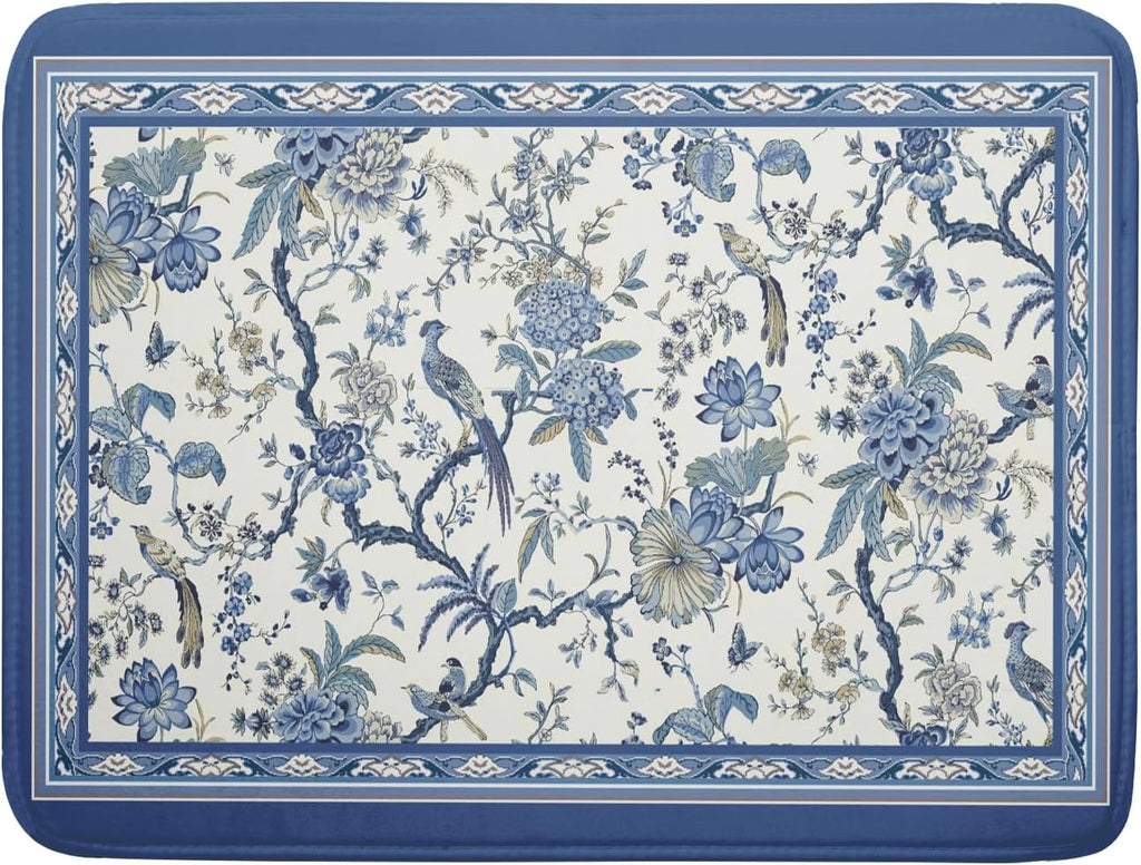 Giwawa Chinoiserie Dish Drying Mat 18x24in Blue White Oriental Floral Birds Kitchen Drainer Mats Porcelain Flowers Absorbent Microfiber Dish Drying Pad Large for Countertop Home Decor