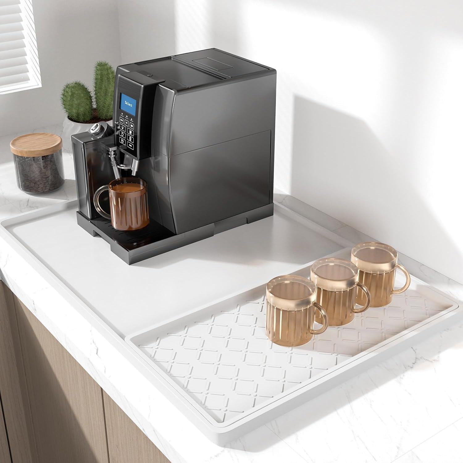 Rnivvi Silicone Coffee Mat, 16" x 24" Waterproof Raised Edge Coffee Bar Mats for Espresso Machine Station Accessories, Heat Resistant Detachable Dish Drying Pad for Kitchen Counter, Dish Rack, White