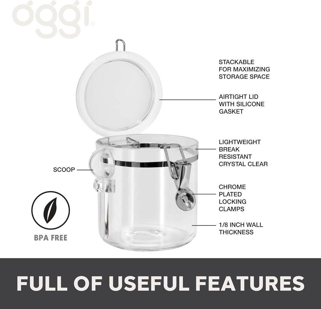 Oggi 4pc Clear Canister Set with Clamp Lids Airtight Containers in Sizes Ideal for Kitchen & Pantry Storage of Bulk, Dry Foods Including Flour, Sugar, Coffee, Rice, Tea, Spices & Herbs