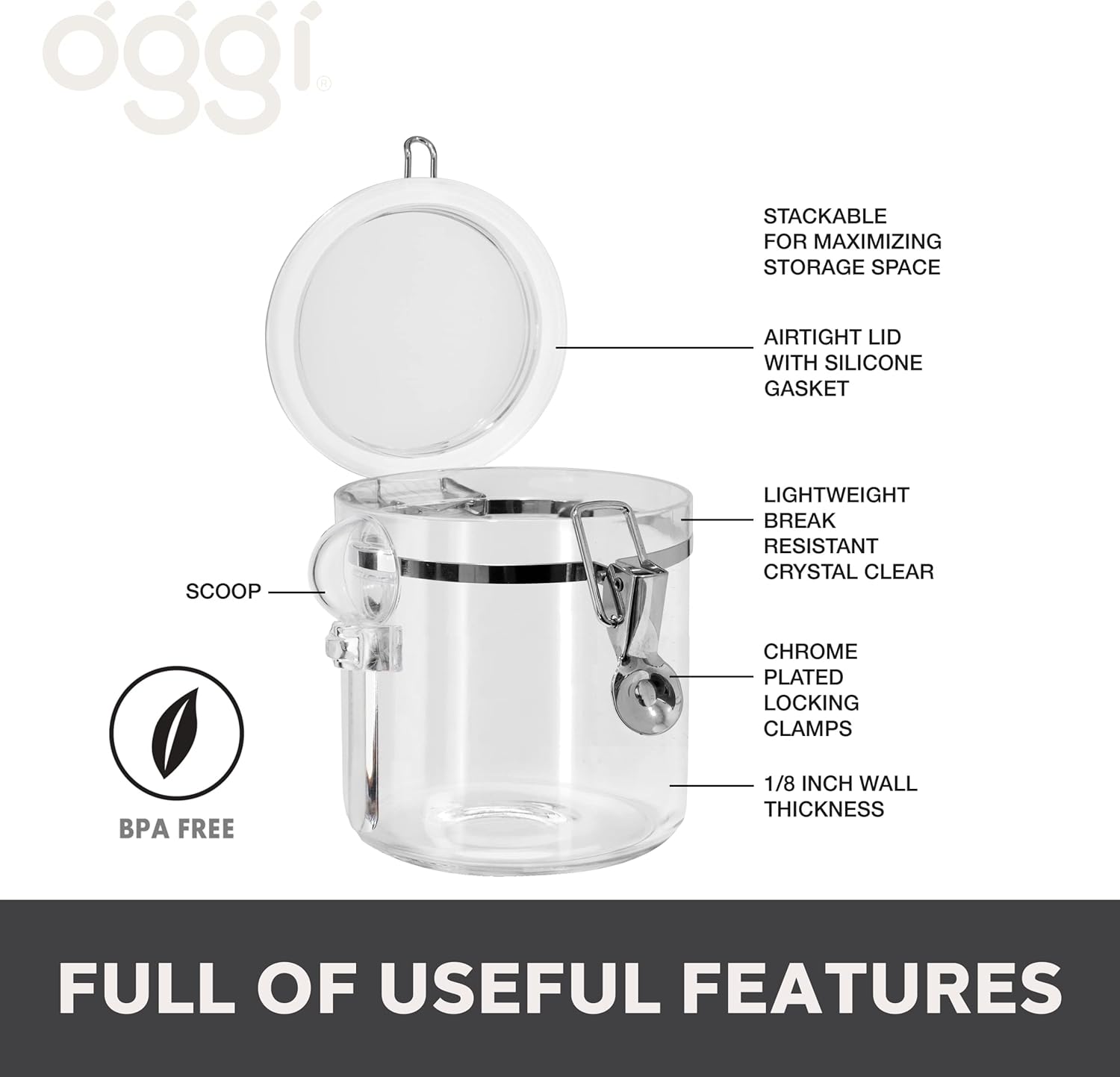 Oggi 4pc Clear Canister Set with Clamp Lids Airtight Containers in Sizes Ideal for Kitchen & Pantry Storage of Bulk, Dry Foods Including Flour, Sugar, Coffee, Rice, Tea, Spices & Herbs