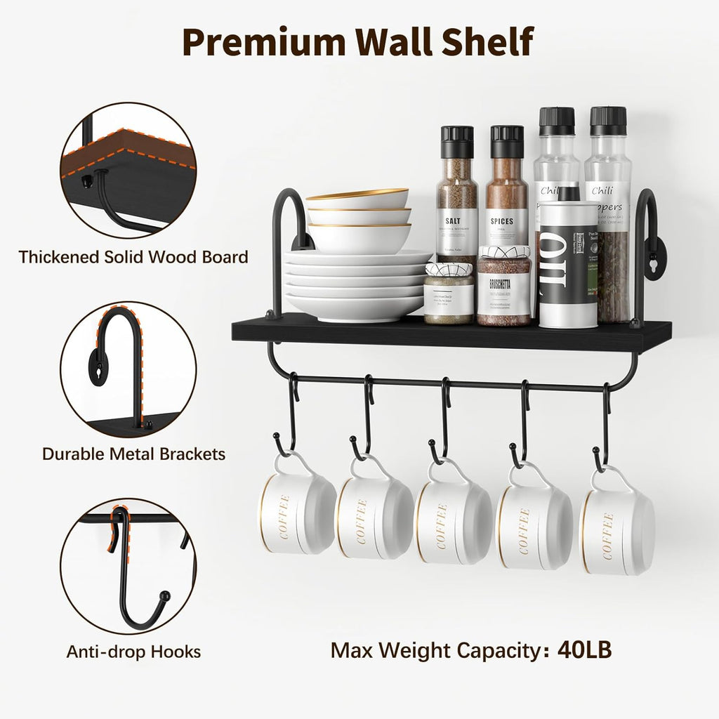 Olakee Floating Wall Shelves for Kitchen Bathroom Coffee Nook with 10 Adjustable Hooks for Mugs Cooking Utensils or Towel Rustic Storage Shelves Set of 2/17x5.9 inch (Black)