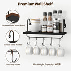 Olakee Floating Wall Shelves for Kitchen Bathroom Coffee Nook with 10 Adjustable Hooks for Mugs Cooking Utensils or Towel Rustic Storage Shelves Set of 2/17x5.9 inch (Black)