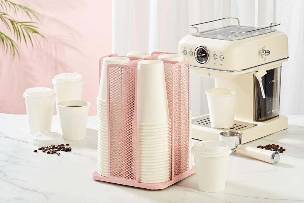 Annova Paper/Plastic Cup and Lid Holder Plastic Storage Organizer, 360°Rotating Coffee Mup Dispenser with 4 Compartments, Multifunctional Storage Rack for Home, Office, Bar, Coffee Shop (Light PInk)