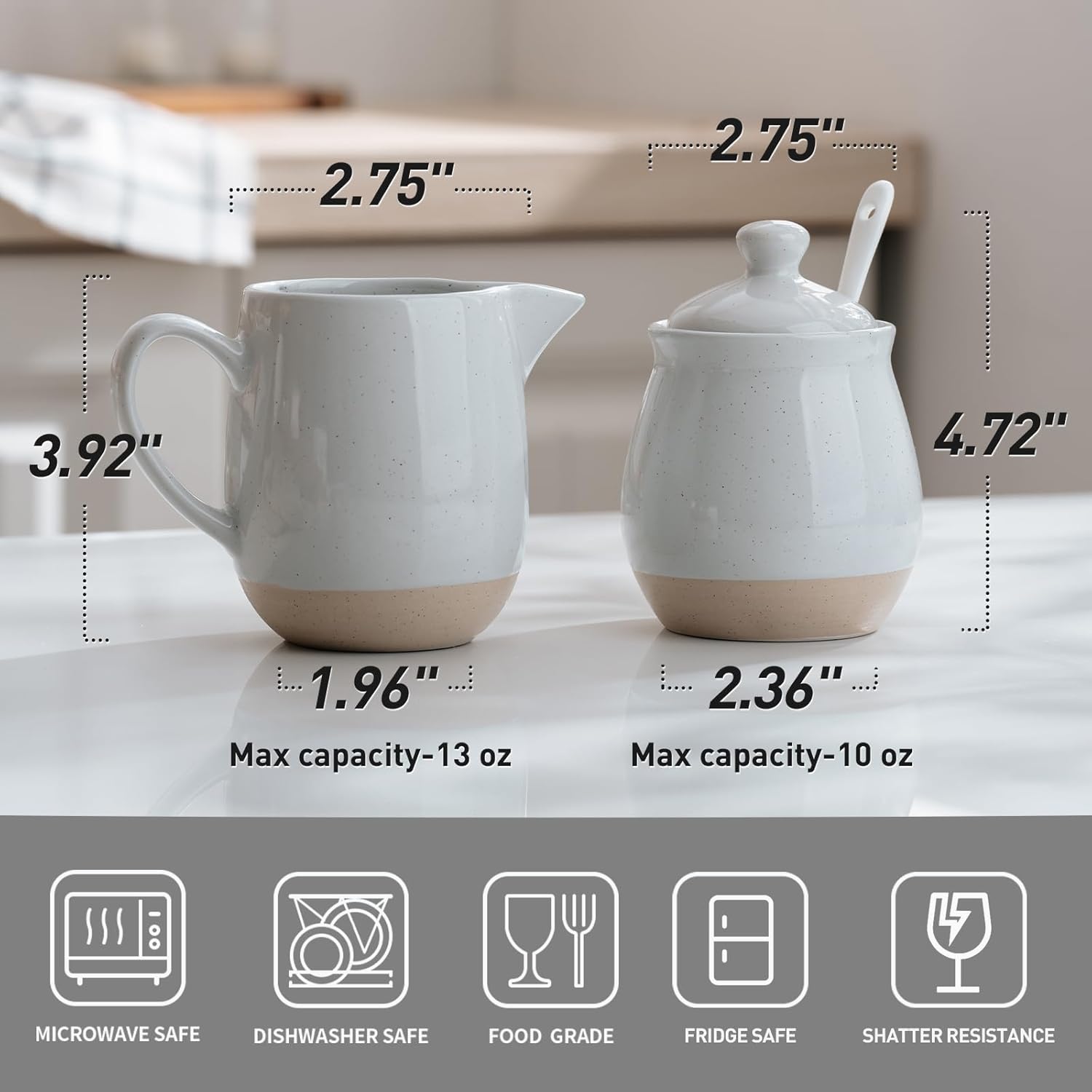 famiware Milkyway Ceramic Sugar and Creamer Set, 10oz Sugar Bowl & 13oz Creamer Set – Stoneware Milk Pitcher & Sugar Dispenser for Coffee Bar, Kitchen, or Countertop, Coffee Serving Set, Light Gray