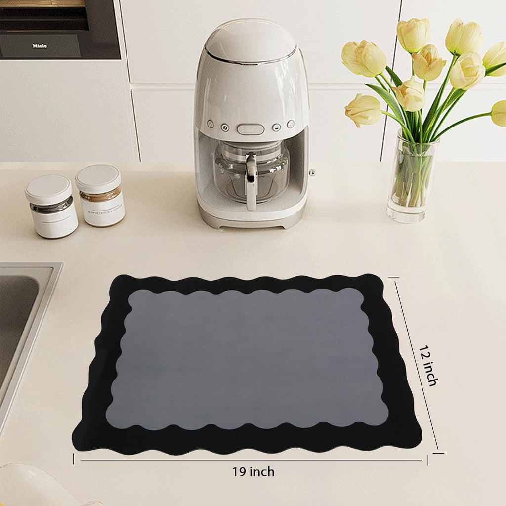 Scalloped Coffee Bar Mat for Countertop, Cute Dish Drying Mats for Kitchen Counter, Diatomite Absorbent Mat for Coffee Station, Kitchen Aesthetic Decor (12"x19", Black)