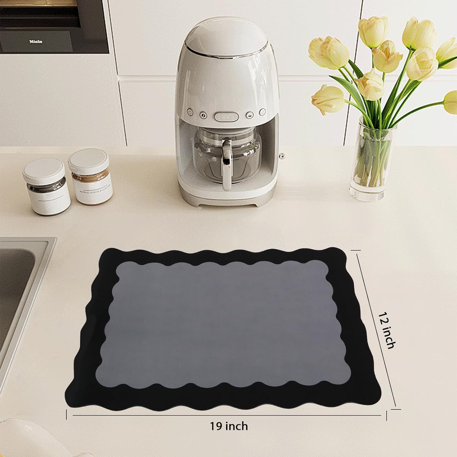 Scalloped Coffee Bar Mat for Countertop, Cute Dish Drying Mats for Kitchen Counter, Diatomite Absorbent Mat for Coffee Station, Kitchen Aesthetic Decor (12"x19", Black)