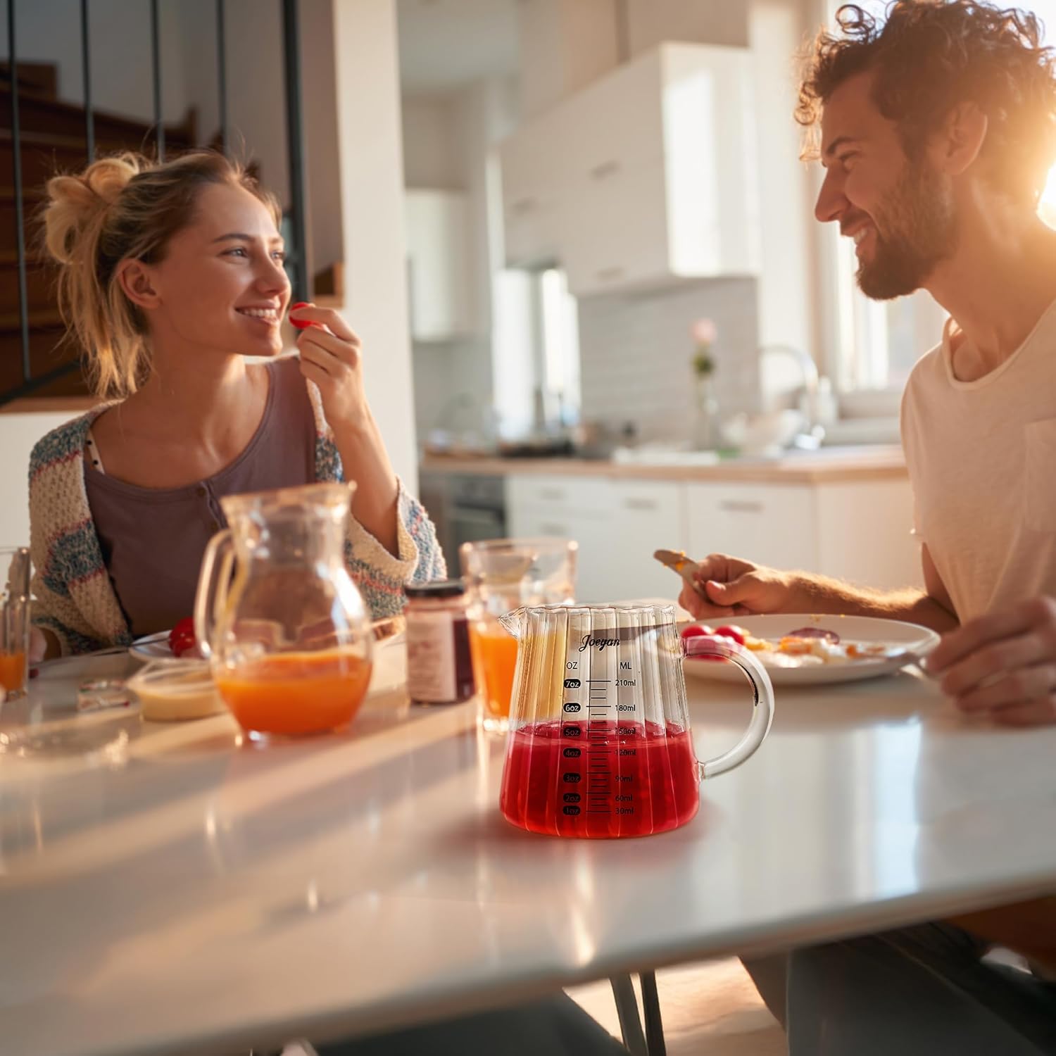 Joeyan 7 oz Glass Measuring Cups with Spout,Borosilicate Large Glass Triple Pitcher with Scale,Origami Style Espresso Shot Glasses with Wood Handle for Coffee Milk