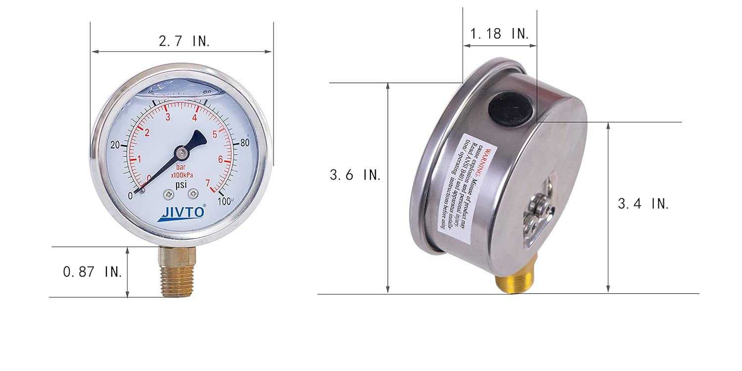 Pressure Gauge,Glycerin Liquid Filled,2-1/2" Dual Scale Dia,0-100 psi/bar/kpa,1/4" NPT Male Brass Connection,Lower Mount, Stainless Steel Case, Pneumatic,Pump,Hose,Well Tank,Gas Air Water Oil
