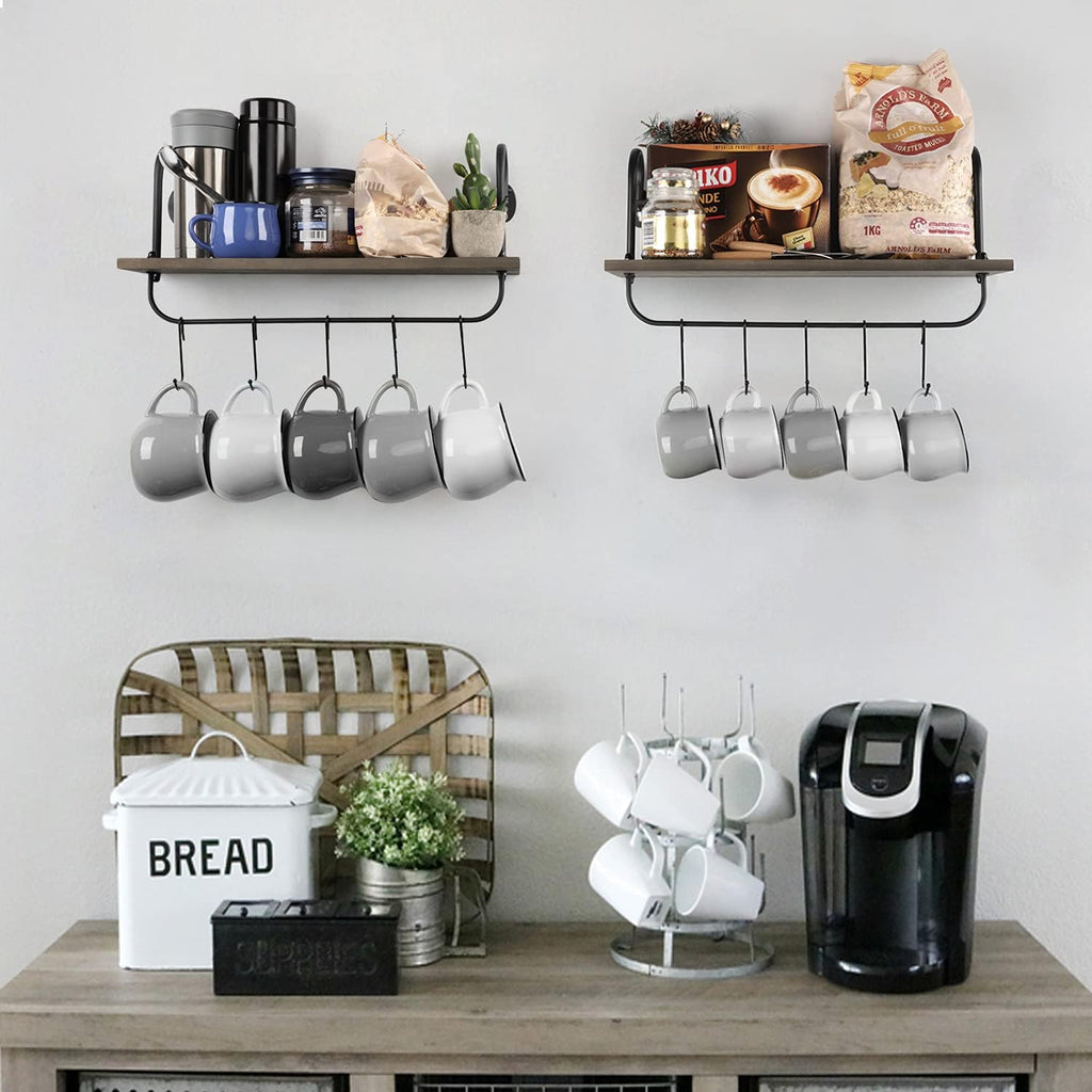 Olakee Floating Wall Shelves for Bathroom Kitchen Coffee Nook with 10 Adjustable Hooks for Mugs Cooking Utensils or Towel Rustic Storage Shelves Set of 2/17x5.9 inch (Weathered Grey)