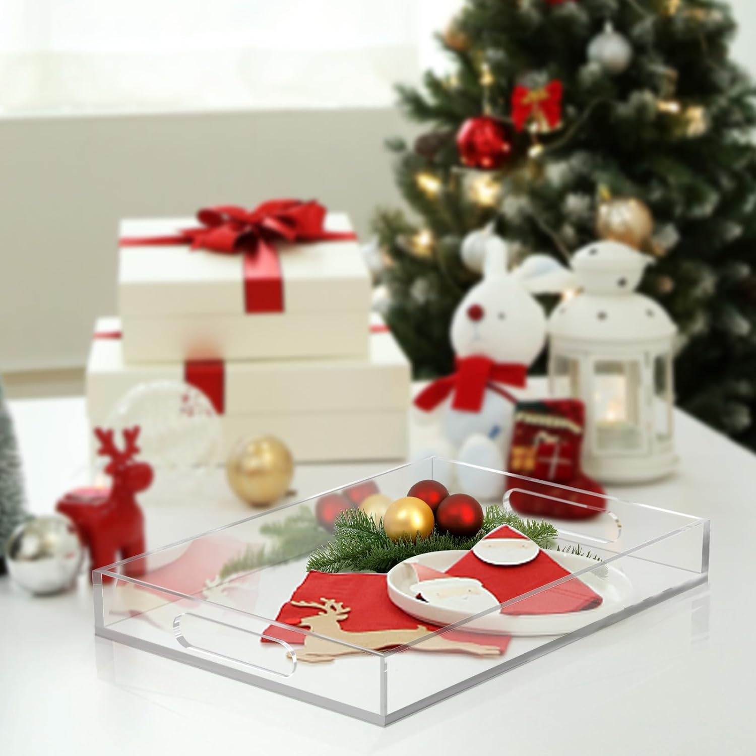 Acrylic Organizers Tray - 11.2"x7.9" with Handle for Ottoman, Coffee Table, Kitchen, Bathroom & Living Room