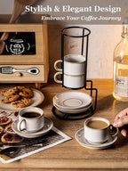 Gomakren 2.5 Ounce Espresso Cups Set of 4, Small Stackable Coffee Cups with Saucers and Metal Stand, Porcelain Demitasse Cups for Specialty Coffee Drinks, Espresso, Cappuccino, Latte, Tea, White