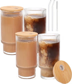 Glass Cups with Lids and Straws - 16 oz Iced Coffee Cups, Vintage Ribbed Drinking Glasses with Bamboo Lids, Tumbler for Juice, Beer, Coffee, Milk, Cocktail, Water (4 Pack)