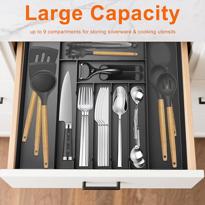 Silverware Organizer, Expandable Kitchen Drawer Organizer, Adjustable Cutlery Organizer, Forks, Knifes, Multipurpose Storage Divider(7-9 Slots), Large, Black