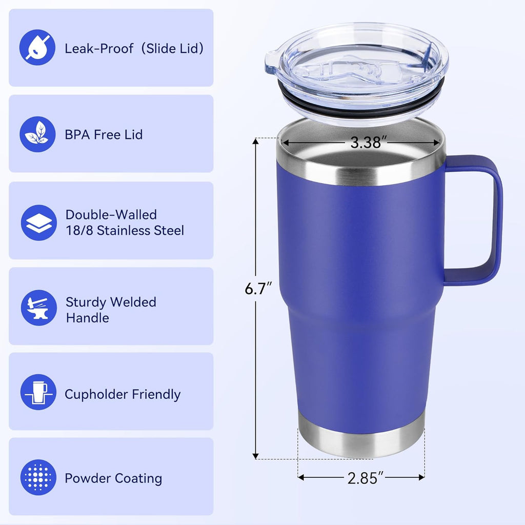 HASLE OUTFITTERS 20oz Tumbler Bulk with Lid, Stainless Steel Tumbler Bulk with Handle, Metal Insulated Travel Coffee Mug Set with Handle, Double Wall Vacuum Leak Proof Tumbler Cup, Blue 6 Pack