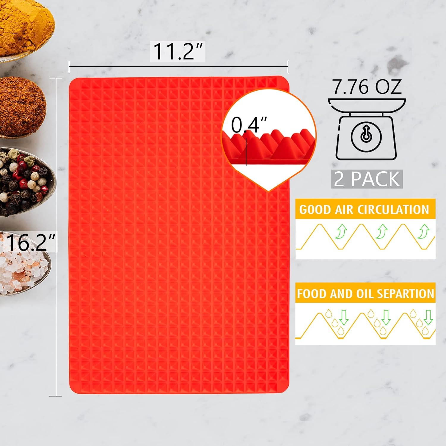 Silicone Baking Mat Red Pyramid Non Stick Bacon Microwave Tray Pastry Mats Red BBQ Grill Mat Baking Supplies oven Liners For Bottom Of Oven - 16 X 11''Silicone Mats For Kitchen Counter 1 Pack