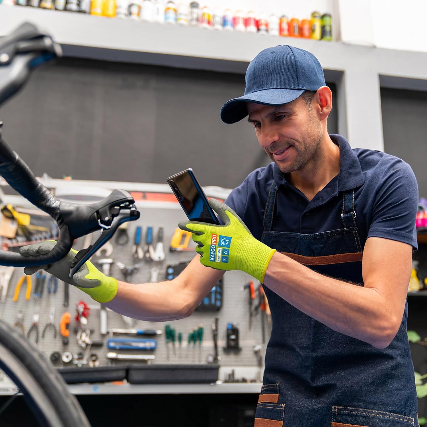 KAYGO Safety Work Gloves PU Coated for Men and Women- KG11P,12 Pairs,Seamless Knit Glove with Two Fingers Touchscreen,Ideal for General Duty Work (Green,L)