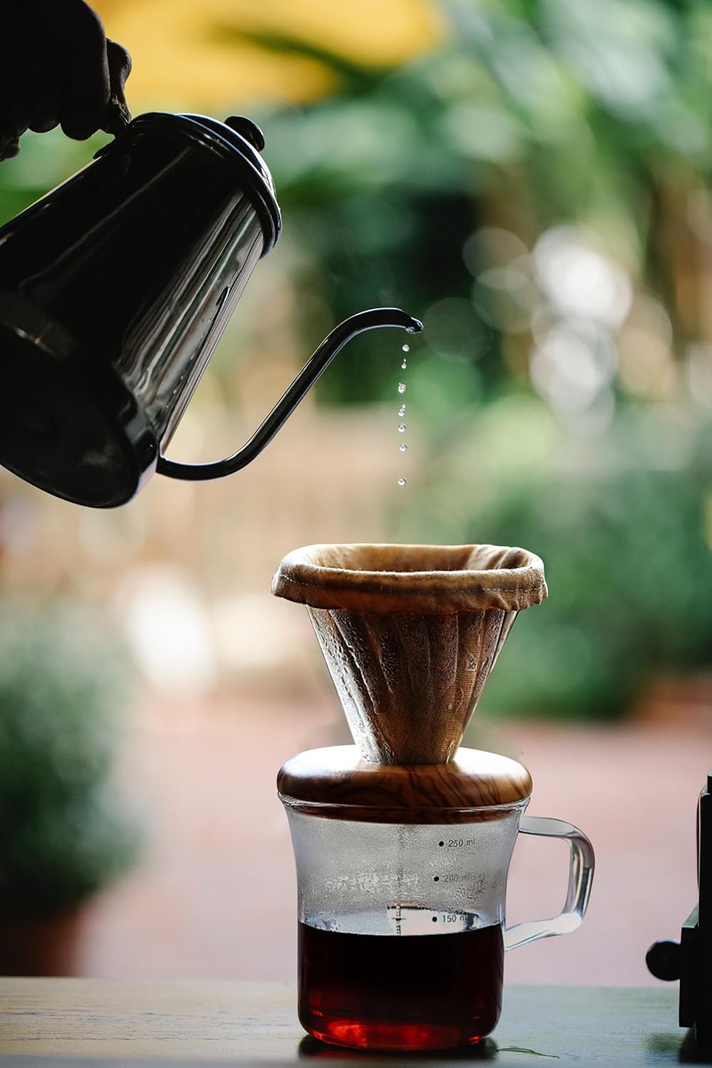 ATHIA Glass Pour Over Coffee Dripper Set, Glass Cone Dripper, Reusable Cloth Filter, Leather Cup Sleeve, Minimal Single Cup SET, for outdoor, office or at home (Olive Wood)