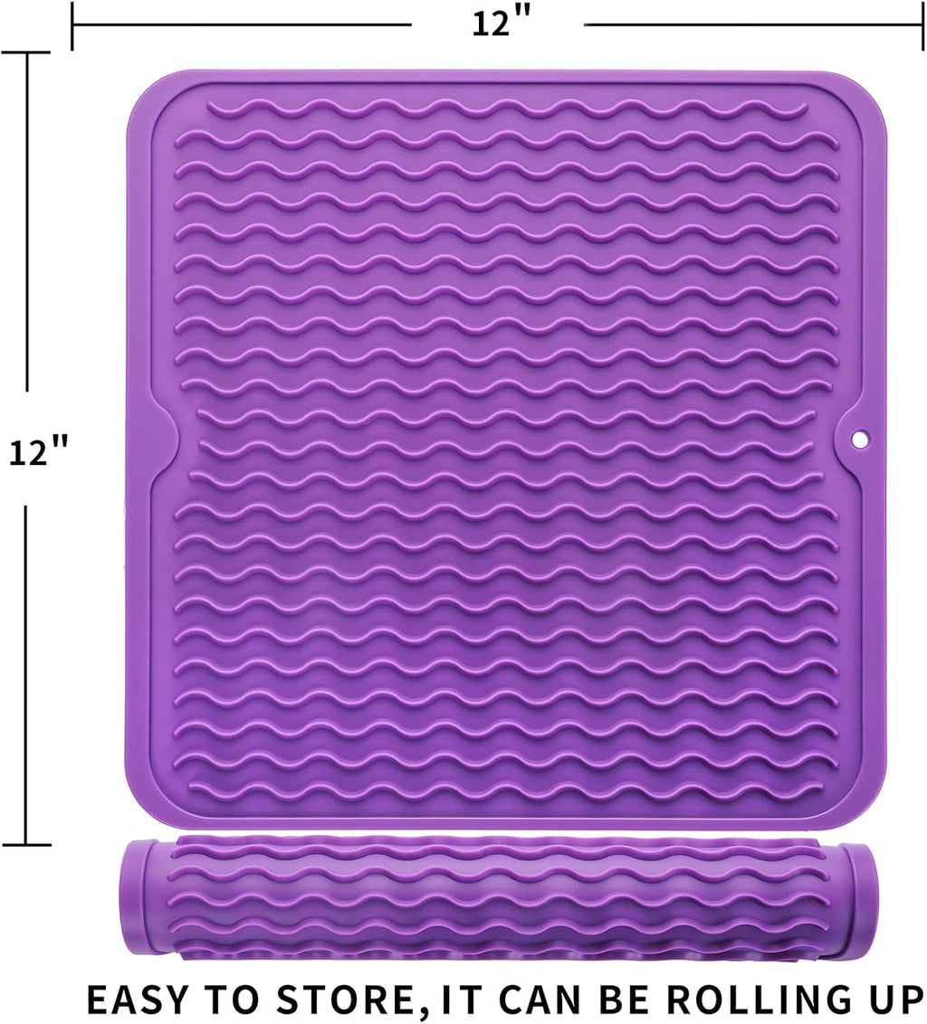 Silicone Dish Drying Mat for Multiple Usage,Easy clean,Eco-friendly,Heat-resistant Silicone Mat for Kitchen Counter or Sink,Refrigerator or Drawer liner Purple M 12 inches x 12 inches