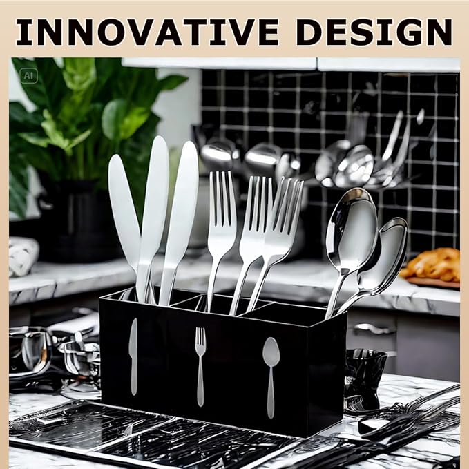 Silverware Organizer Countertop,Acrylic Small Silverware Caddy for Countertop,Knife Fork and Spoon Organizer for Kitchen Storage,Cabinet and Dining Room(Black)