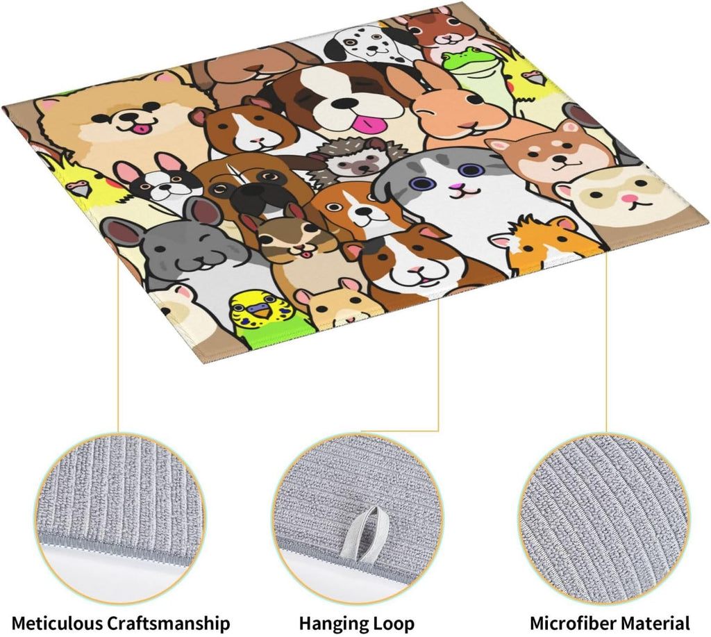 Cute Animals Pattern Dish Drying Mat, Highly Absorbent Microfiber Kitchen Counter Pad Reusable Washable, 16*18"