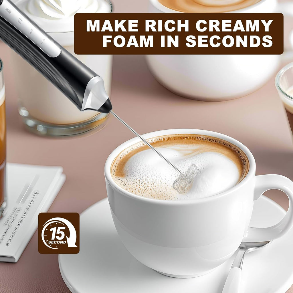 Handheld Electric Milk Frother with 2 Heads, Coffee Whisk Foam Mixer with USB Rechargeable 3 Speeds, Foam Maker Blender for Latte, Cappuccino, Hot Chocolate, Egg (Black)