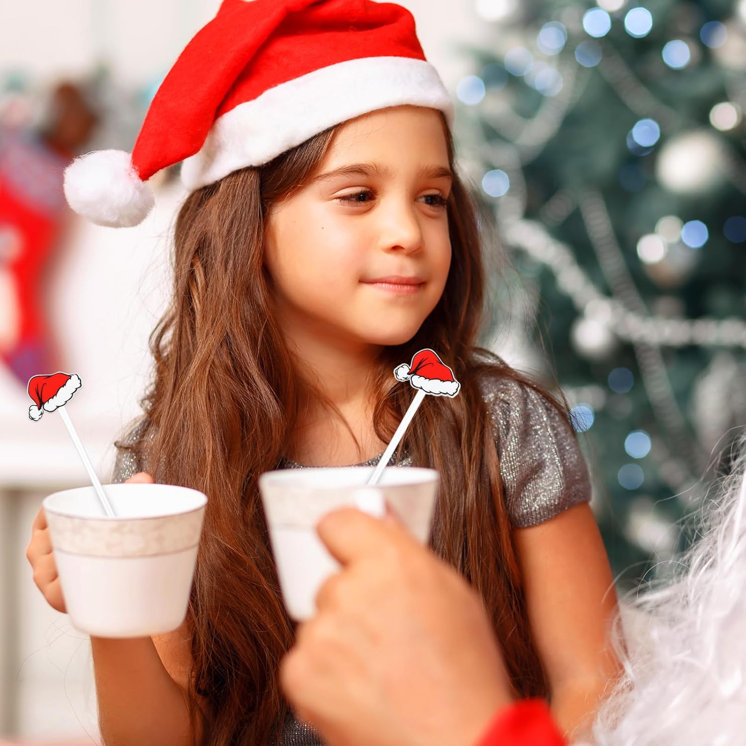 30 Pcs Christmas Drink Stirrers Xmas Stir Stick Holiday Coffee Swizzle Stick Reusable Plastic Hot Cocoa Bar Chocolate Decoration Cocktail Mixer(Santa Hat,Classic Color)