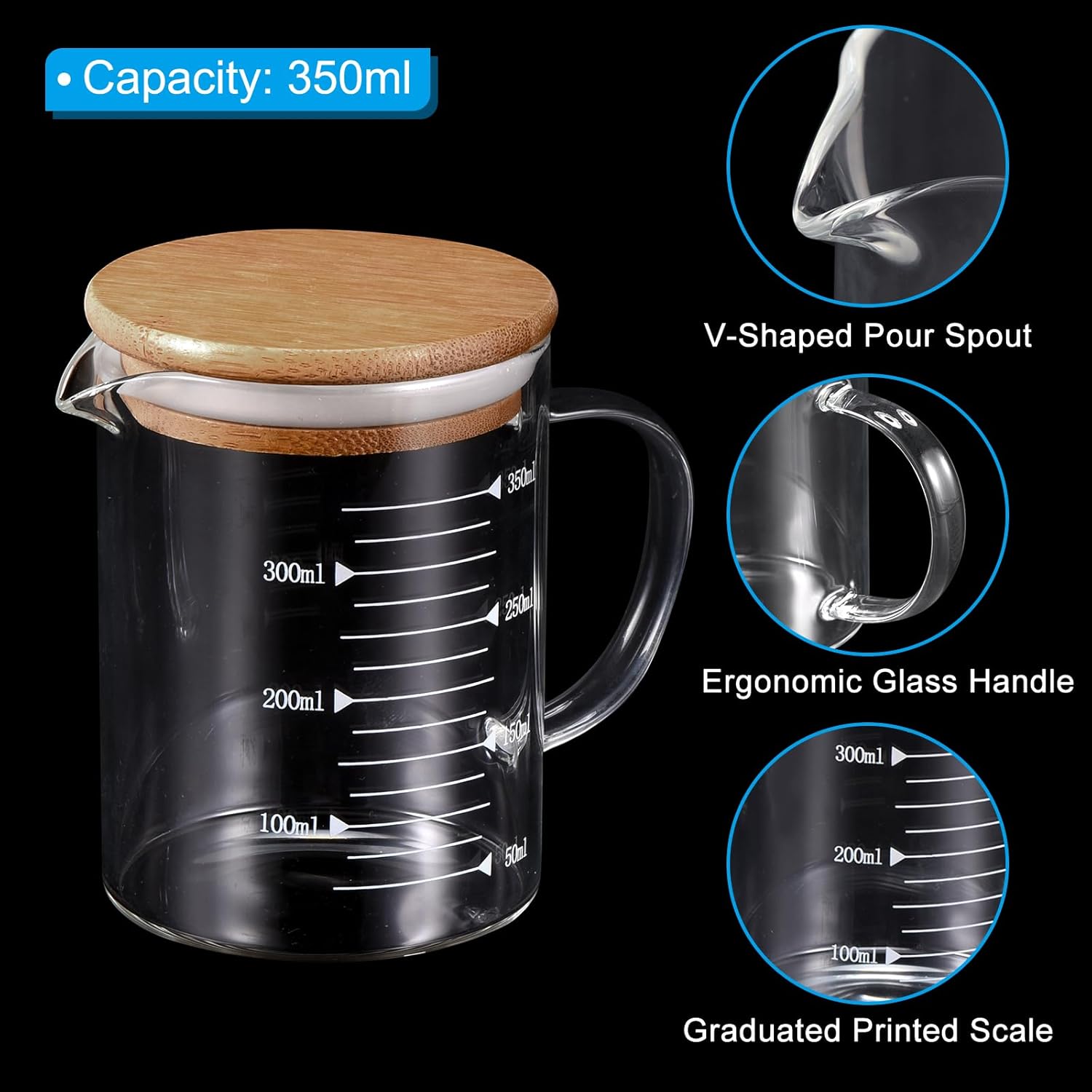 PATIKIL 350ml Glass Measuring Cup, 3.3 Borosilicate Glass Graduated White Printed Scale Liquid Measure Cups Beaker with Wood Lid and V-Shaped Spout for Kitchen