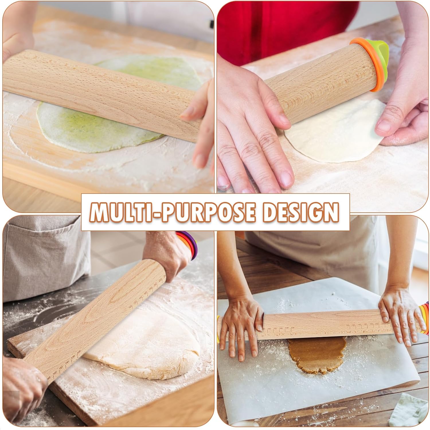 17Inch Wooden Rolling Pin, Rolling Pin with 4 Adjustable Thickness Ring, Graduated Rolling Pin for Baking, Fondant, Pizza, Crust, Cookies, Pastry